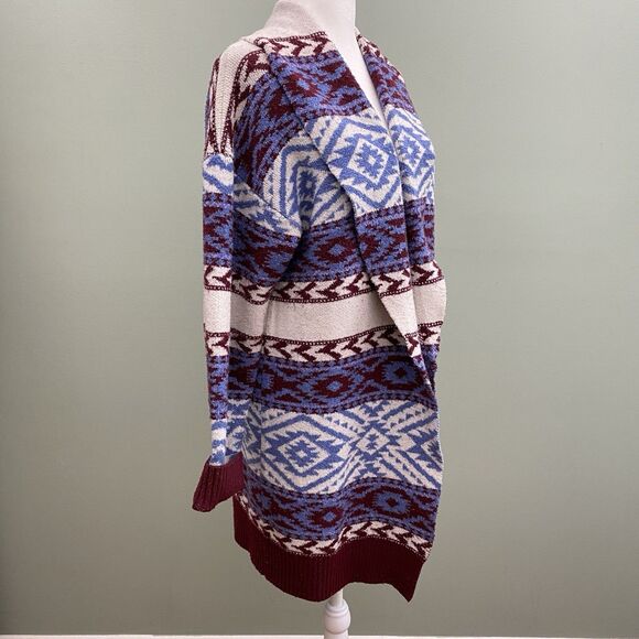 Forever 21 Cardigan Sweater Womens Large Blue Aztec Open Duster Cozy Casual - Picture 4 of 11